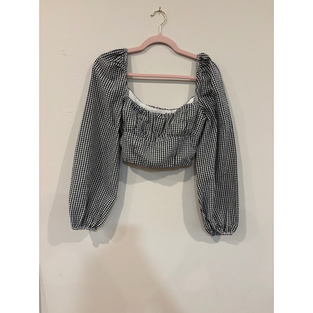 Princess Polly Black White Gingham Puff Sleeve Crop Top Square Neck US 6